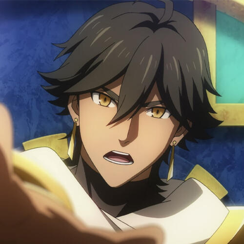 Ozymandias from the Fate: Grand Order movie Divine Realm of Camelot. He's looking at the camera and speaking with authority, hand outstretched.